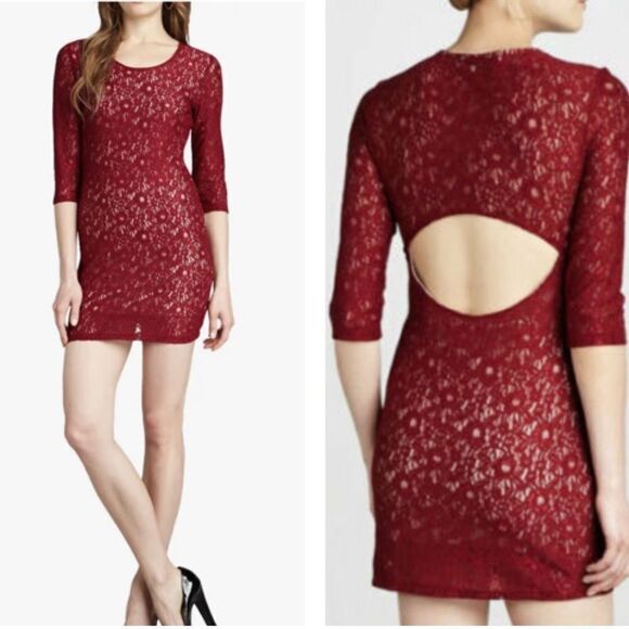Lovers + Friends Lace Mini Dress Cut Out Back Body Con Burgundy Red Size M - Picture 1 of 14